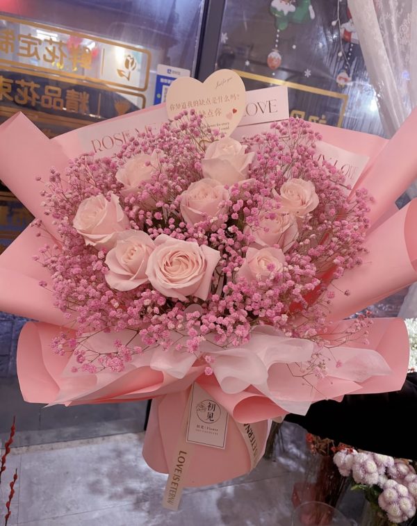 9 stalk pink roses bouquet with baby's breath flower bouquet