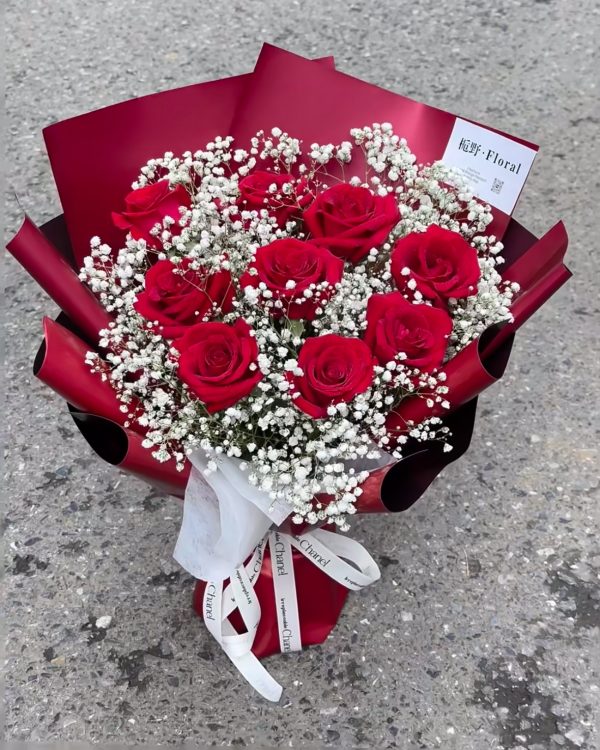 9 stalk red roses with baby's breath fresh flower bouquet